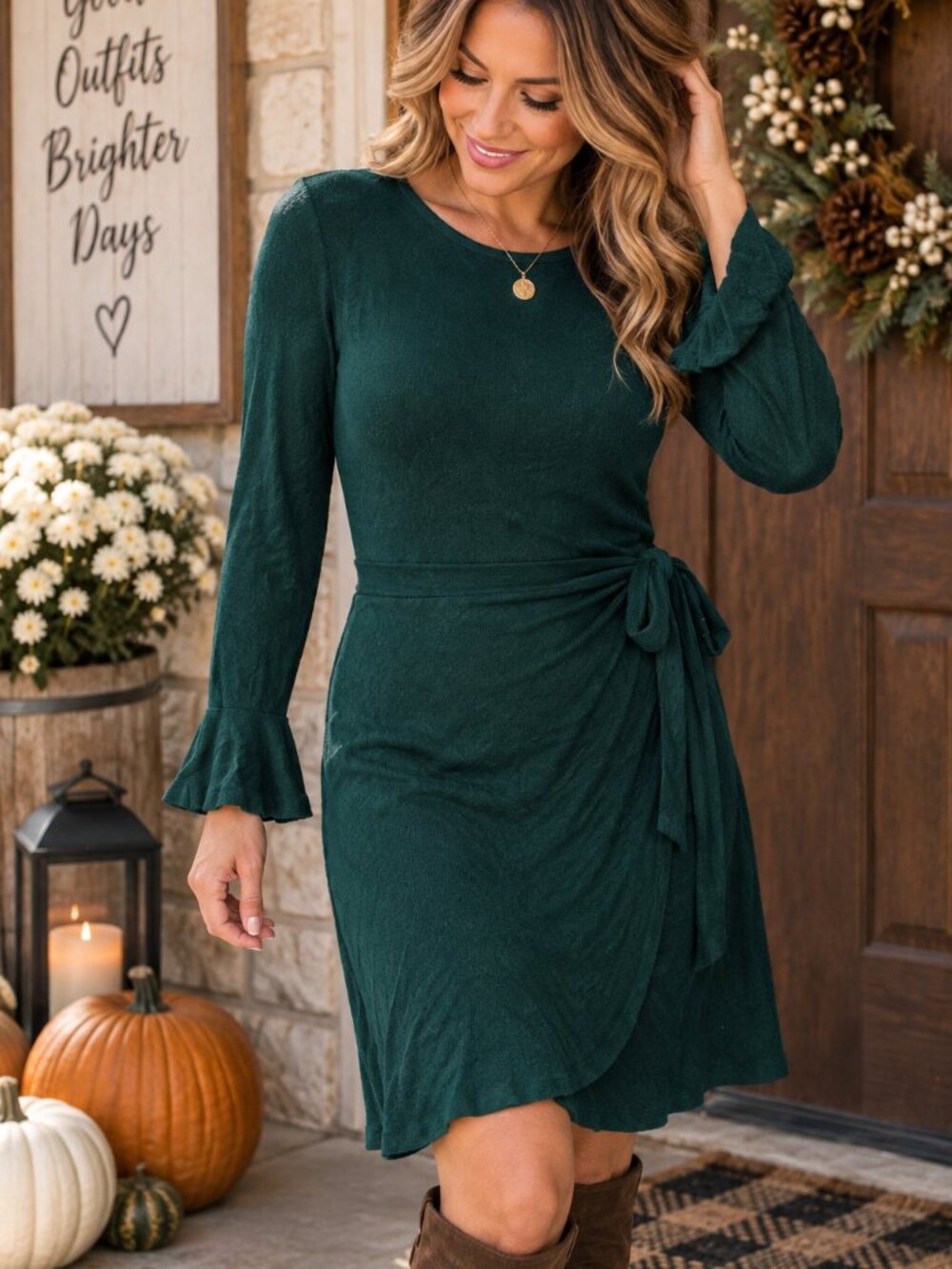 You & Me Forest Green Wrap Style Ruffle Sleeve Dress Medium